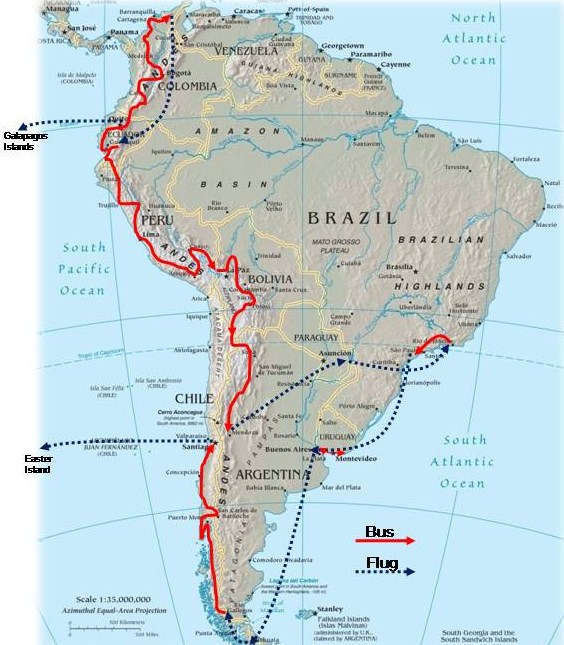 Meine Route in Südamerika - Juli 2009 bis Februar 2010